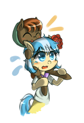 Size: 550x800 | Tagged: safe, artist:luciferamon, character:button mash, character:coco pommel, cute, filly, happy, semi-anthro, shoulder ride
