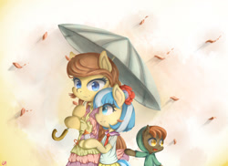 Size: 1650x1200 | Tagged: safe, artist:luciferamon, character:button mash, character:coco pommel, oc, oc:cream heart, species:pony, bipedal, cherry blossoms, umbrella