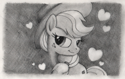 Size: 800x507 | Tagged: safe, artist:hewison, character:applejack, bedroom eyes, female, grayscale, heart, looking at you, monochrome, solo, traditional art