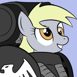 Size: 659x659 | Tagged: safe, artist:darkhestur, character:derpy hooves, species:pegasus, species:pony, female, mare, power armor, powered exoskeleton, raven guard, solo, space marine, warhammer (game), warhammer 40k