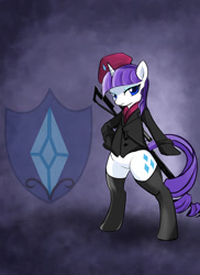 Size: 1000x1375 | Tagged: safe, artist:d-lowell, character:rarity, species:pony, species:unicorn, beret, bipedal, clothing, cutie mark, female, gun, hooves, horn, looking at you, mare, optical sight, rifle, semi-anthro, sniper, sniper rifle, solo, stockings, weapon