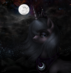 Size: 1050x1080 | Tagged: safe, artist:ventious, character:princess luna, species:alicorn, species:pony, depressed, female, lidded eyes, mare, moon, night, s1 luna, solo, stars