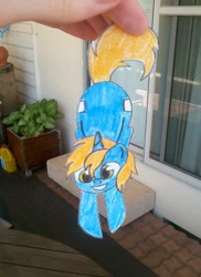 Size: 510x700 | Tagged: safe, artist:partylikeanartist, oc, oc only, oc:sugar rush, species:pony, species:unicorn, hand, hanging, paper child, paper pony, papercraft, photo, solo, traditional art