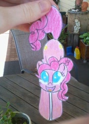 Size: 505x705 | Tagged: safe, artist:partylikeanartist, character:pinkie pie, female, hand, hanging, happy, looking at you, open mouth, paper child, paper pony, papercraft, photo, smiling, solo, tail pull, traditional art