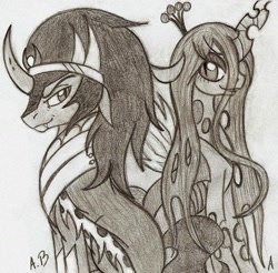 Size: 1631x1608 | Tagged: safe, artist:rossmaniteanzu, character:king sombra, character:queen chrysalis, ship:chrysombra, antagonist, female, male, monochrome, shipping, straight, traditional art
