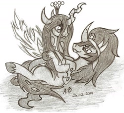 Size: 1807x1645 | Tagged: safe, artist:rossmaniteanzu, character:king sombra, character:queen chrysalis, ship:chrysombra, antagonist, couple, female, love, male, monochrome, shipping, straight, traditional art