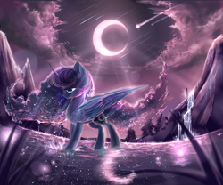 Size: 3000x2500 | Tagged: safe, artist:aquagalaxy, character:princess luna, cloud, crepuscular rays, crescent moon, ear fluff, ethereal mane, female, galaxy mane, meteor shower, moon, night, scenery, shooting star, sky, solo, stars, water, waterfall