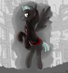Size: 768x828 | Tagged: safe, artist:frankier77, character:thunderlane, species:pegasus, species:pony, g4, city, clothing, hoodie, male, solo, stallion