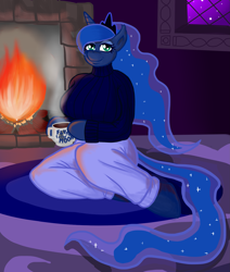 Size: 2375x2801 | Tagged: safe, artist:professordoctorc, character:princess luna, species:anthro, species:unguligrade anthro, arm hooves, breasts, busty princess luna, chubby, clothing, female, fireplace, solo, sweater