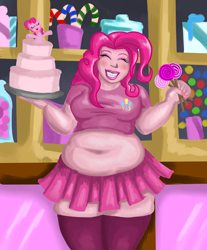 Size: 4142x5000 | Tagged: safe, artist:professordoctorc, character:pinkie pie, species:human, absurd resolution, bbw, belly button, cake, candy, chubby, clothing, cute, diapinkes, fat, humanized, midriff, muffin top, obese, piggy pie, pudgy pie, smiling, sugarcube corner