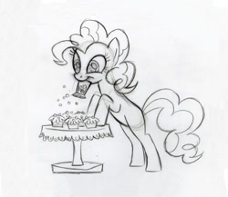 Size: 1227x1064 | Tagged: safe, artist:lauren faust, character:pinkie pie, species:earth pony, species:pony, color me, concept art, cupcake, female, grayscale, mare, monochrome, solo