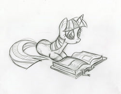 Size: 900x703 | Tagged: safe, artist:lauren faust, character:twilight sparkle, character:twilight sparkle (unicorn), species:pony, species:unicorn, behind the scenes, book, color me, concept art, cute, female, mare, monochrome, open book, prone, reading, sketch, solo
