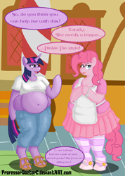 Size: 1316x1850 | Tagged: safe, artist:professordoctorc, character:pinkie pie, character:twilight sparkle, species:anthro, species:unguligrade anthro, arm hooves, bbw, belly button, chubby, clothing, fat, muffin top, piggy pie, pudgy pie, twilard sparkle