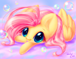 Size: 2230x1747 | Tagged: safe, artist:katputze, character:fluttershy, bubble, colored eyelashes, cute, eyelashes, female, fluffy, looking at you, no nose, prone, shyabetes, smiling, solo, weapons-grade cute