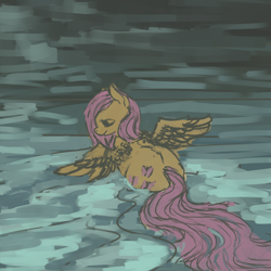Size: 1500x1500 | Tagged: safe, artist:celestiawept, character:fluttershy, female, looking down, melancholy, rear view, solo, spread wings, water, wings