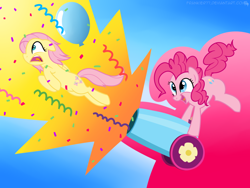 Size: 1024x768 | Tagged: safe, artist:frankier77, character:fluttershy, character:pinkie pie, species:earth pony, species:pegasus, species:pony, balloon, party cannon, pony cannonball, streamers