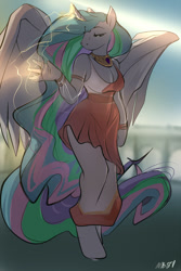 Size: 700x1050 | Tagged: safe, artist:noben, character:princess celestia, species:alicorn, species:anthro, species:pony, species:unguligrade anthro, clothing, female, magic, necklace, solo, toga