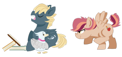 Size: 1380x653 | Tagged: safe, artist:dbkit, oc, oc only, oc:cherry bomber, oc:hightide, oc:triscuit, parent:dumbbell, parent:rainbow dash, parents:dumbdash, species:pony, species:seagull, colt, filly, male, offspring, simple background, transparent background