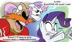 Size: 1024x600 | Tagged: safe, artist:glancojusticar, edit, character:rarity, character:sweetie belle, episode:ponyville confidential, g4, my little pony: friendship is magic, adventures of sonic the hedgehog, bleh, caught, cropped, crossover, dialogue, doctor eggman, floppy ears, glare, gritted teeth, newspaper, open mouth, pingas, pointing, promotion, scene interpretation, scene parody, sonic the hedgehog (series), speech bubble, wide eyes