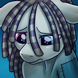 Size: 500x500 | Tagged: safe, artist:pixel-prism, character:smarty pants, oc, oc:starlit dreams, close-up, disguise, disguised changeling, heterochromia, ponified, sad, solo