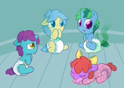 Size: 1280x904 | Tagged: safe, artist:cuddlehooves, oc, oc only, oc:bonded friendship, oc:cobalt arrow, oc:itty bit, oc:vitriol ink, species:pony, accident, baby, baby pony, cuddlehooves is trying to murder us, cute, diaper, foal, footed sleeper, messy diaper, poop