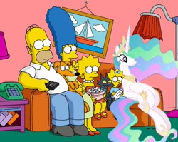 Size: 864x688 | Tagged: safe, artist:stinkehund, edit, character:princess celestia, couch, couch gag, crossover, homer simpson, lisa simpson, maggie simpson, marge simpson, replacement, santa's little helper, sitting, snowball ii, the simpsons