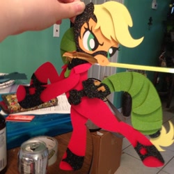 Size: 640x640 | Tagged: safe, artist:the-paper-pony, character:applejack, character:mistress marevelous, species:pony, episode:power ponies, g4, my little pony: friendship is magic, bipedal, hand, irl, mouth hold, paper child, photo, weapon