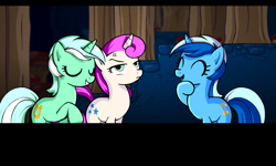 Size: 800x480 | Tagged: safe, artist:marcusmaximus, character:lyra heartstrings, character:minuette, character:twinkleshine, eyes closed, frown, glare, grin, laughing, minty fresh adventure, open mouth, pony platforming project, smiling, unamused