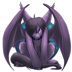 Size: 2000x2000 | Tagged: safe, artist:pixel-prism, oc, oc only, oc:wallflower, species:bat pony, species:pony, collar, fangs, female, frown, hair over one eye, impossibly large ears, long mane, long tail, looking at you, neighvada nights, shy, sitting, solo, spread wings, unshorn fetlocks, wings