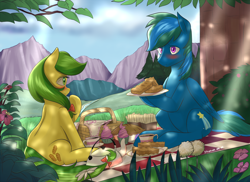Size: 1250x909 | Tagged: safe, artist:siberwar, character:apple fritter, oc, oc:midnight rush, species:earth pony, species:pegasus, species:pony, apple family member, blushing, canon x oc, food, kettle, male, outdoors, picnic, sharing, shipping, straight, tea