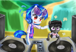 Size: 1300x900 | Tagged: safe, artist:luciferamon, character:dj pon-3, character:octavia melody, character:vinyl scratch, child, filly, guide, impatient, teaching