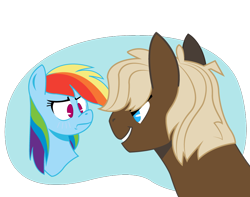 Size: 900x708 | Tagged: safe, artist:dbkit, character:dumbbell, character:rainbow dash, ship:dumbdash, blushing, female, flustered, frown, male, shipping, smiling, straight, tsunderainbow, tsundere