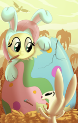 Size: 2227x3500 | Tagged: safe, artist:pirill, character:angel bunny, character:fluttershy, species:dragon, species:pony, species:rabbit, bunny costume, bunnyshy, clothing, costume, cracked, cute, easter, easter egg, egg, female, fluffy, mouth hold, open mouth, paintbrush, painting, tongue out