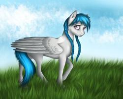 Size: 1600x1280 | Tagged: safe, artist:renaphin, oc, oc only, oc:rena heartstep, species:pegasus, species:pony, braid, cute, fluffy, grass, looking at you, pigtails, raised hoof, smiling, solo, wing fluff