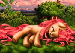 Size: 1065x749 | Tagged: safe, artist:katputze, character:fluttershy, cute, female, grass, lying down, on side, shyabetes, smiling, solo