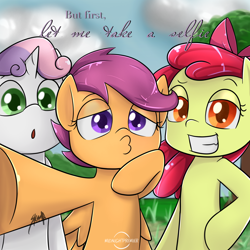Size: 2000x2000 | Tagged: safe, artist:midnightpremiere, character:apple bloom, character:scootaloo, character:sweetie belle, species:pegasus, species:pony, cutie mark crusaders, duckface, selfie, the chainsmokers