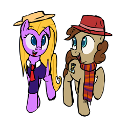Size: 1000x1000 | Tagged: safe, artist:january3rd, character:doctor whooves, character:time turner, clothing, doctor who, fedora, fourth doctor, hat, lalla ward, necktie, open mouth, ponified, raised hoof, romana, romana ii, scarf, smiling, tom baker, walking