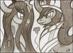 Size: 2244x1643 | Tagged: safe, artist:rossmaniteanzu, character:king sombra, character:queen chrysalis, ship:chrysombra, female, male, monochrome, shipping, straight, traditional art