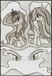 Size: 877x1276 | Tagged: safe, artist:rossmaniteanzu, character:king sombra, character:princess celestia, character:princess luna, evil eyes, fall of the crystal empire, monochrome, traditional art