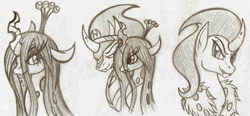 Size: 1393x649 | Tagged: safe, artist:rossmaniteanzu, character:king sombra, character:queen chrysalis, ship:chrysombra, monochrome, shipping, stupid sexy sombra, traditional art