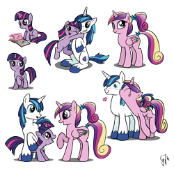 Size: 1320x1280 | Tagged: safe, artist:glancojusticar, character:princess cadance, character:shining armor, character:twilight sparkle, book, cute, filly, heart, hug, kissing, simple background, transparent background, twiabetes
