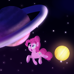 Size: 1000x1000 | Tagged: safe, artist:january3rd, character:pinkie pie, species:earth pony, species:pony, :o, female, mare, open mouth, planet, planetary ring, solo, space, stars, wide eyes