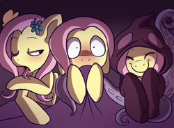 Size: 770x568 | Tagged: safe, artist:pixel-prism, character:fluttershy, blushing, clothing, costume, cult leader fluttershy, druid, eyes closed, flutterdruid, hoodie, licking, looking at you, multeity, open mouth, ponidox, self ponidox, shocked, smiling, tentacles, tongue out, twilight sparkle's secret shipfic folder, wide eyes, wink