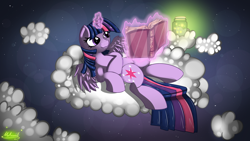 Size: 3000x1687 | Tagged: safe, artist:malamol, character:twilight sparkle, character:twilight sparkle (alicorn), species:alicorn, species:pony, book, cloud, cloudy, female, firefly, insect, jar, lying on a cloud, magic, mare, reading, solo