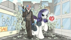 Size: 1191x670 | Tagged: safe, artist:malamol, character:rarity, crossover, dallas, fire ruby, magic, payday, payday 2, payday the heist