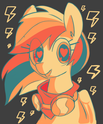 Size: 884x1065 | Tagged: dead source, safe, artist:whoop, character:rainbow dash, bandana, bust, eye clipping through hair, female, goggles, happy, heart eyes, limited palette, looking at you, solo, wingding eyes