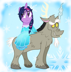 Size: 2460x2502 | Tagged: safe, artist:cartuneslover16, character:discord, character:twilight sparkle, ship:discolight, female, frozen (movie), male, shipping, straight