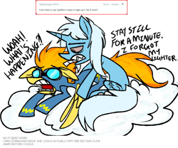 Size: 1053x877 | Tagged: safe, artist:ghost, character:spitfire, character:trixie, species:pegasus, species:pony, species:unicorn, ask, ask trixie, ask-stoned-trixie, bloodshot eyes, cloud, drugs, duo, joint, marijuana, stoned trixie, tumblr