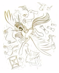 Size: 1304x1600 | Tagged: safe, artist:lauren faust, oc, oc only, oc:fausticorn, species:alicorn, species:pony, bottle, feather, female, glass, hourglass, lauren faust, mare, monochrome, mouth hold, quill, scroll, sketch, spread wings, wine, wings