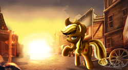Size: 5120x2804 | Tagged: safe, artist:zelc-face, character:applejack, applejack's hat, clothing, cowboy hat, female, hat, scenery, solo, sun, town